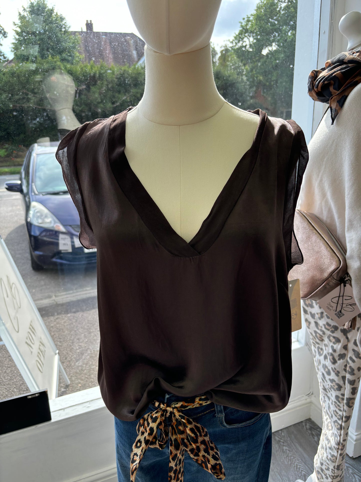 Chocolate Satin V Neck Sleeveless Top - Chocolate