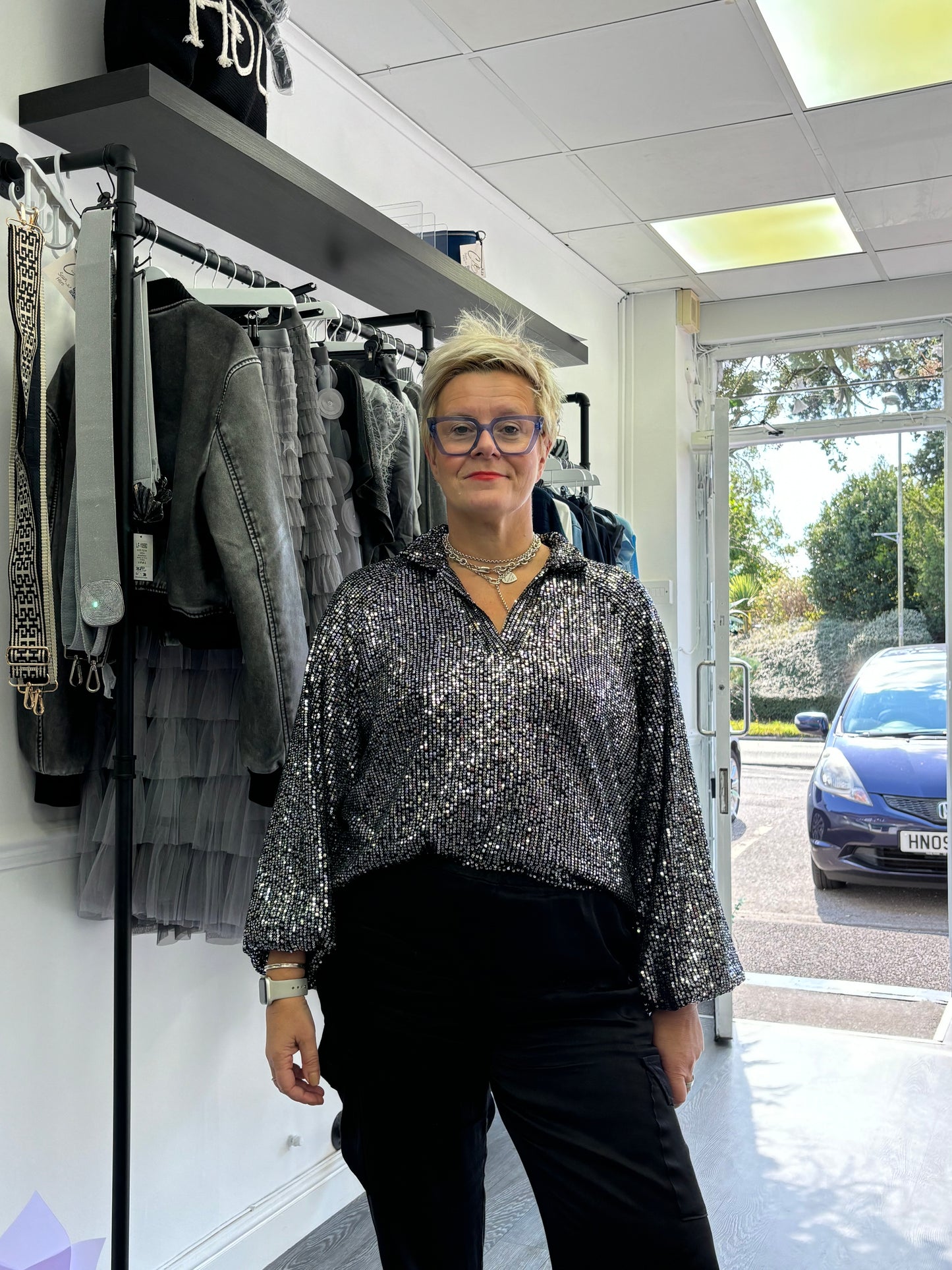 Black and Silver Sequin V Neck Top