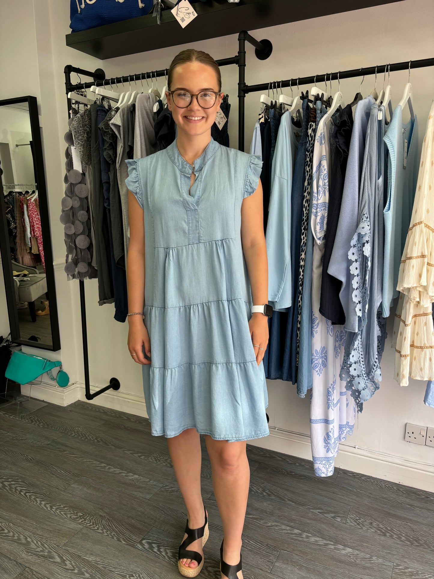 Light Blue Denim Dress with Frill Sleeves