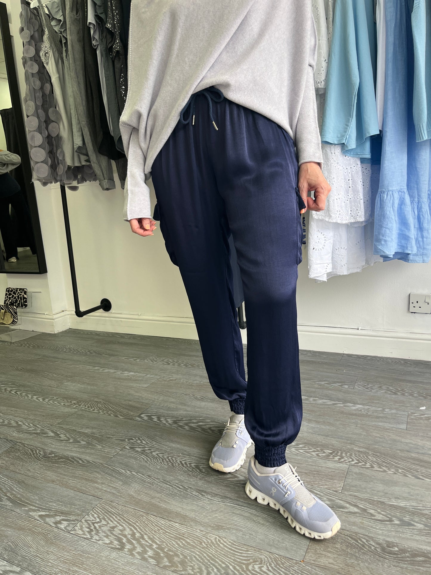 Denim blue Satin Cargo Cuffed Trousers