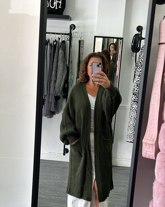 Khaki Long chunky knit cardigan