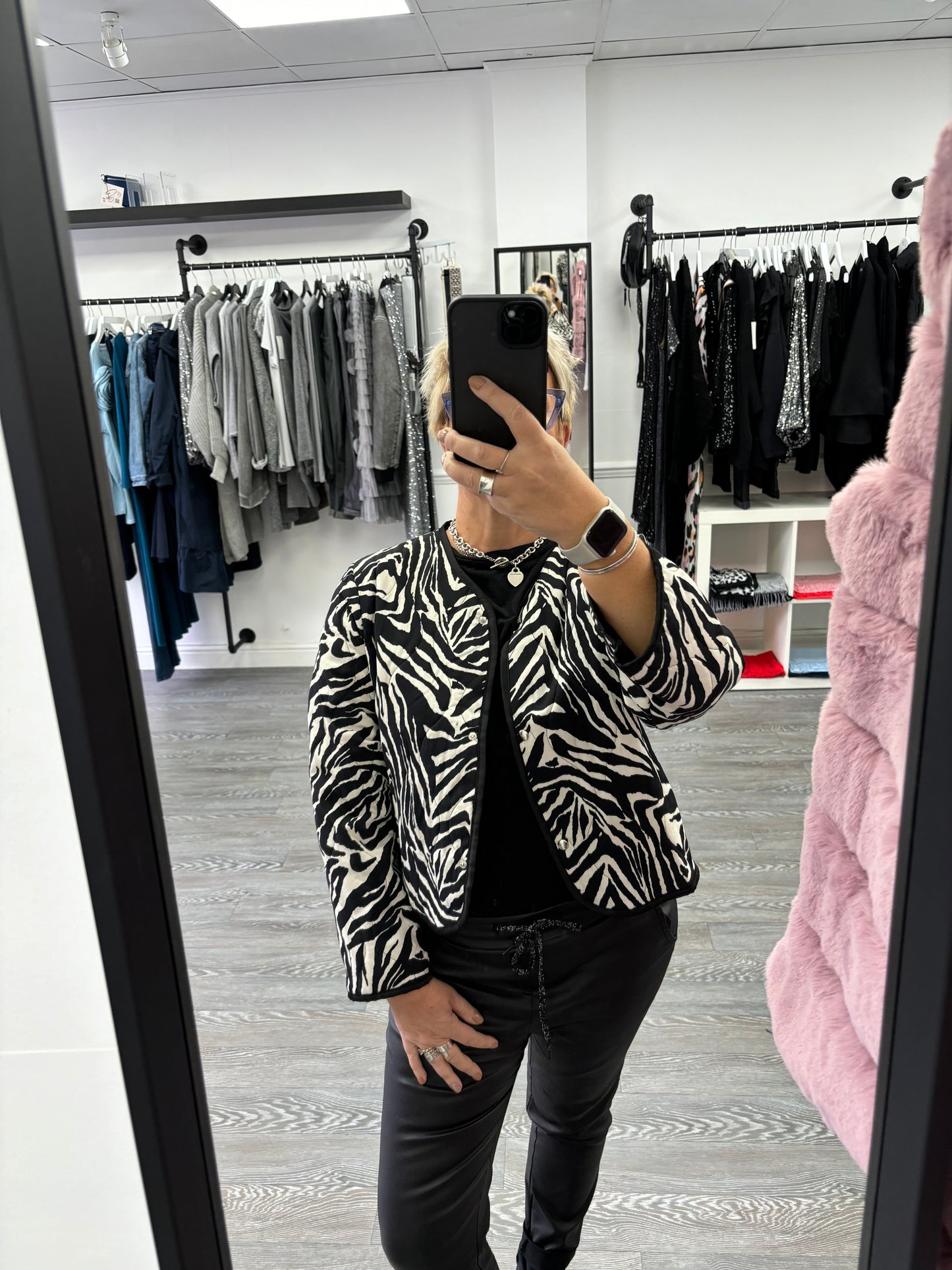 Black and white animal print  Short Padded Jacket