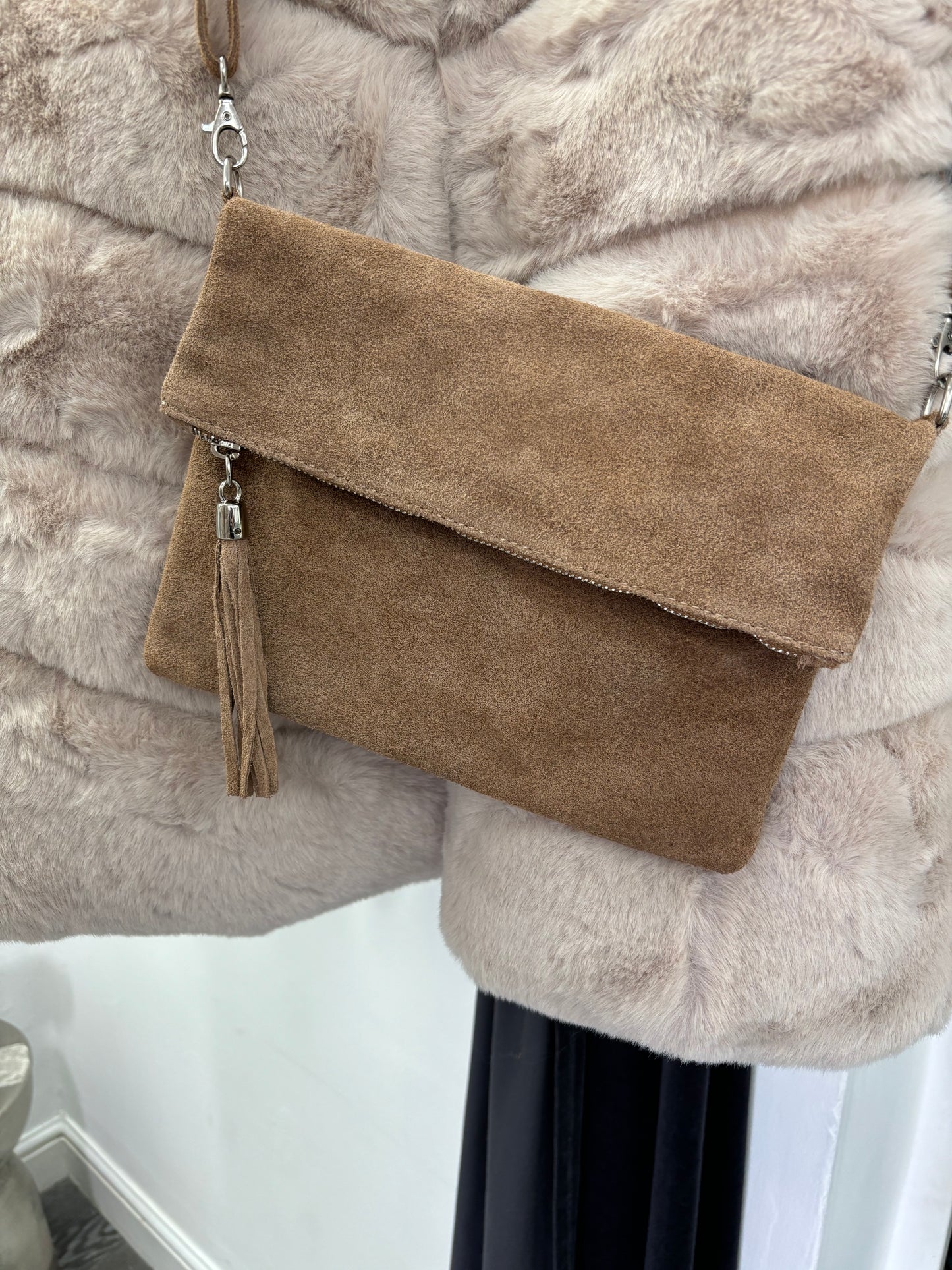 Tan suede clutch bag