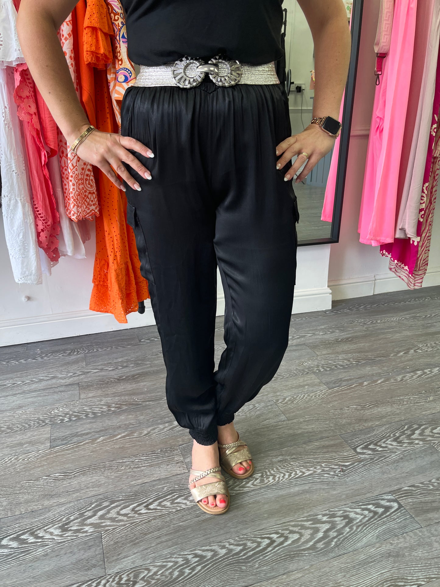 Black Satin Cargo Cuffed Trousers