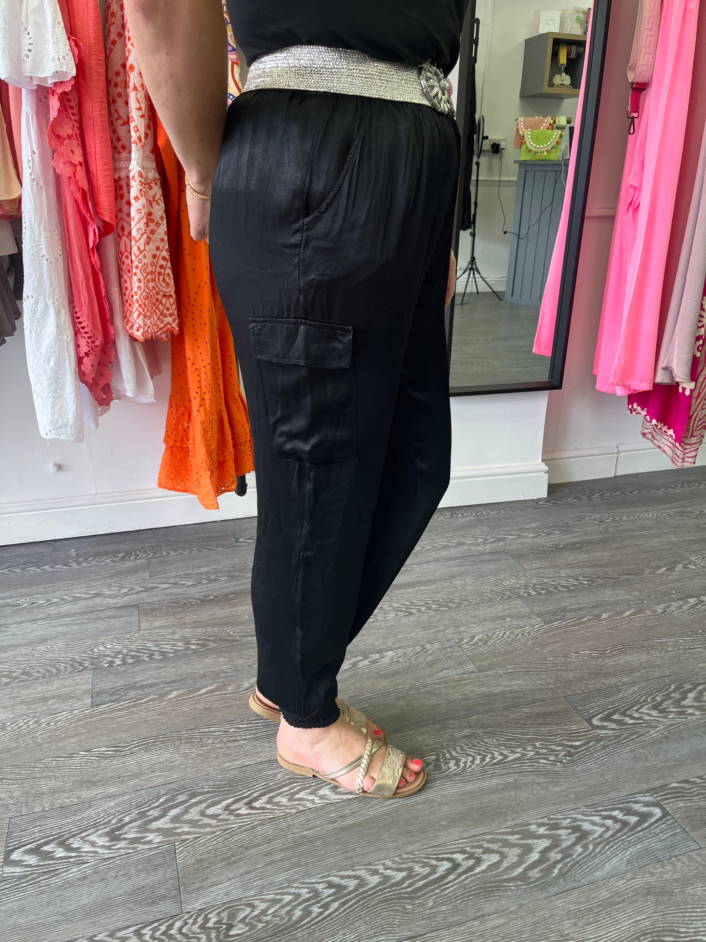 Black Satin Cargo Cuffed Trousers